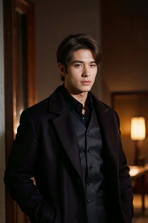 Realistic Photography, 8k ,Handsome brown haired man, black coat