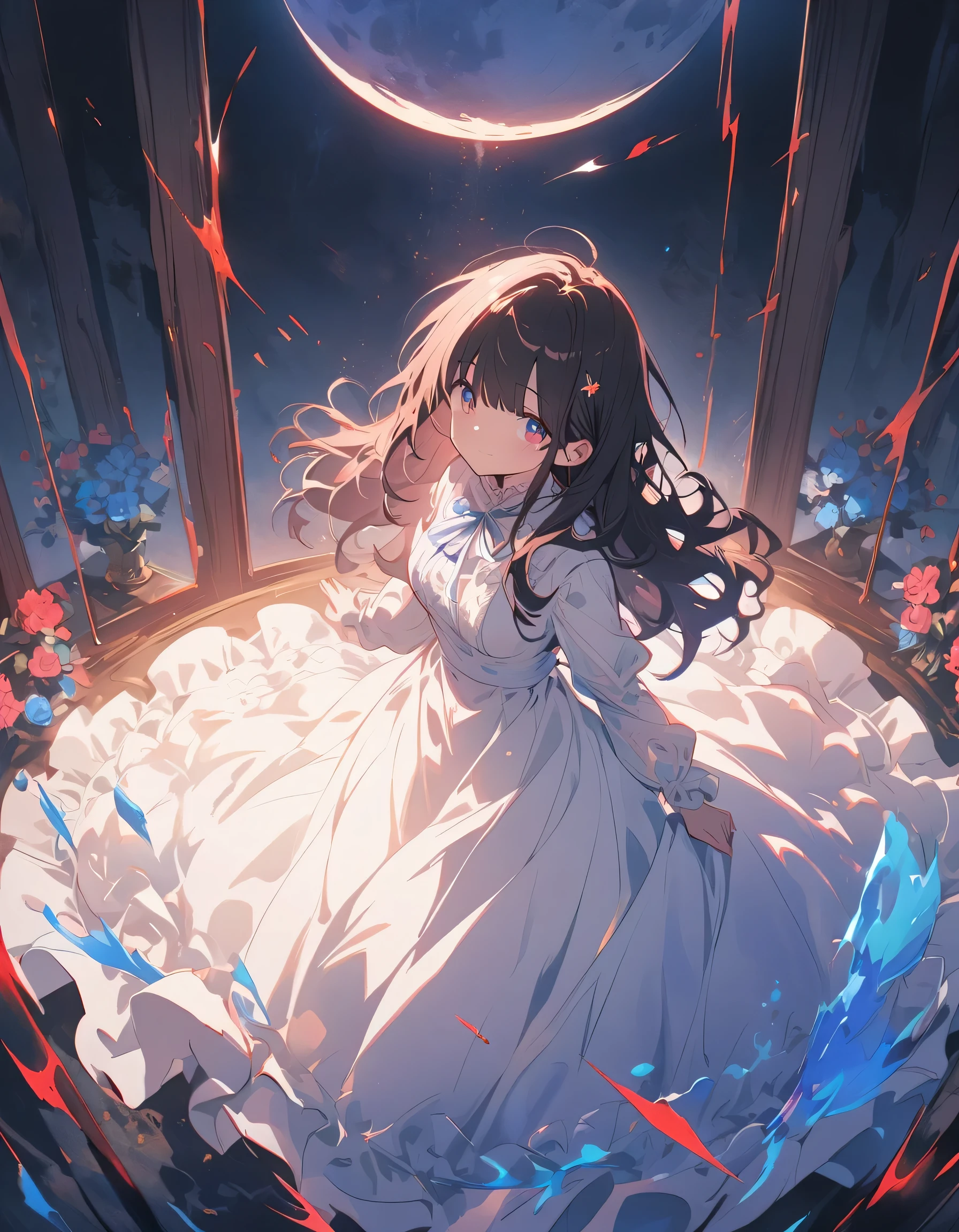 (masterpiece),(highest quality), figure, (Fantasy:1.4), Brown long hair, Long eyelashes, Round eyes, A light smile, Surrealism, Cast a Shadow, Anaglyph, Stereogram, Atmospheric perspective, 8k, Super Detail, Accurate, highest quality, 超High resolution, Textured skin, Long dress, moon, Flowers , paper_cut、(highest quality、masterpiece、High resolution、detailed)、anime style、Flat Style、(Shining Eyes、Beautiful Face),  BREAK,1 girl、extremely detailed(The Shining), Best lighting, Best Shadow、floating, (High saturation),Dynamic Angle、anime