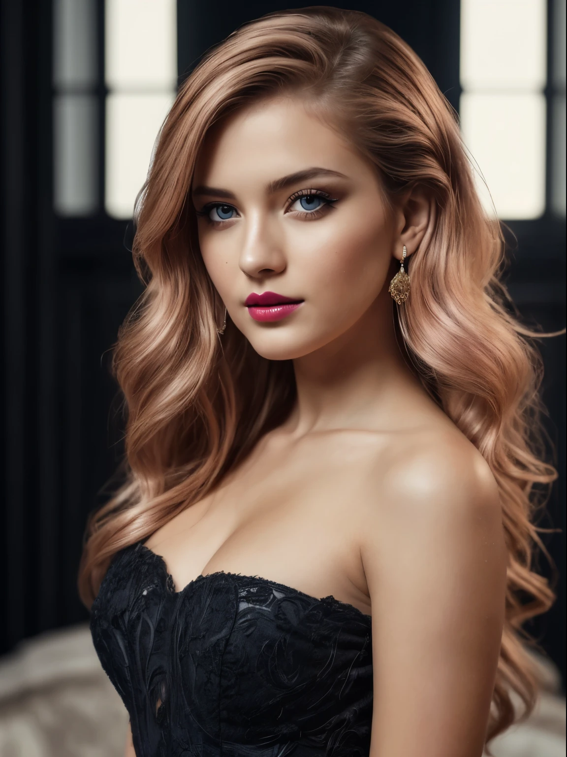 (Best quality,8K,A high resolution,Masterpiece:1.2, DSLR, 16k ),Ultra-detailed,(Realistic,Photorealistic,photo-realistic:1.37),Portrait, Creative style artwork, Historical, classical, Sophisticated, plethora of colors ,Highly detailed, Soft lighting, luxurious environment , black dress, there is young woman , girl wearing a red classy royal dress, performing a music video, slim fit (oval perfect shape, asymmetrical face structure, perfect proportion, almond eye type, hazal eye color, detailed eyes, red hair color, 36 inch breasts, hourglass figure, slim body, pale white skin tone ,sexy girl, 23 years old, soft wavy hair, looking away, attitude expression, professional makeup, pink lips)