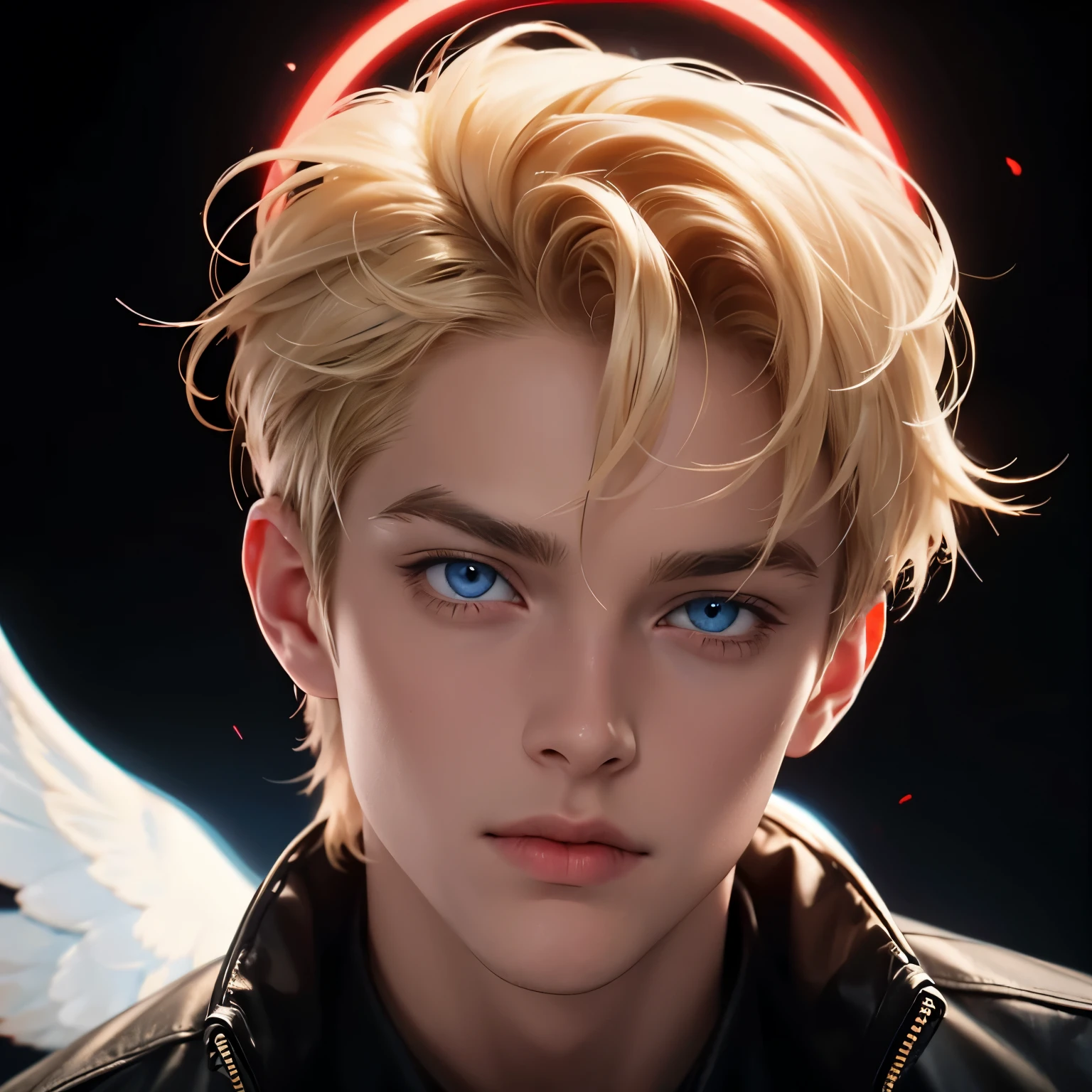 Blonde short hair , blue eyes, red angel halo above head, male, black background, high detail, zoomed out