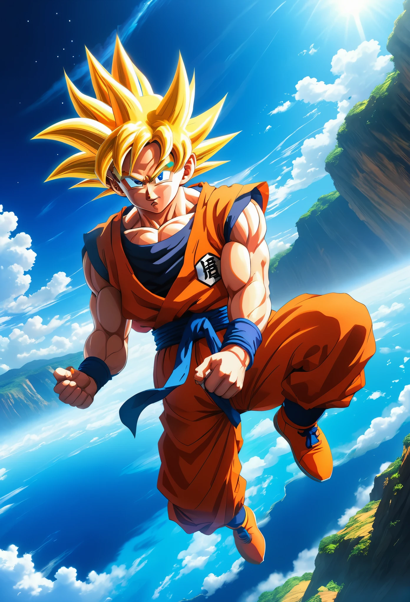 sky scene, sky exploration, Goku, Goku diving, Goku searching, detailed, vibrant colors, dynamic lighting, photorealistic, anime style