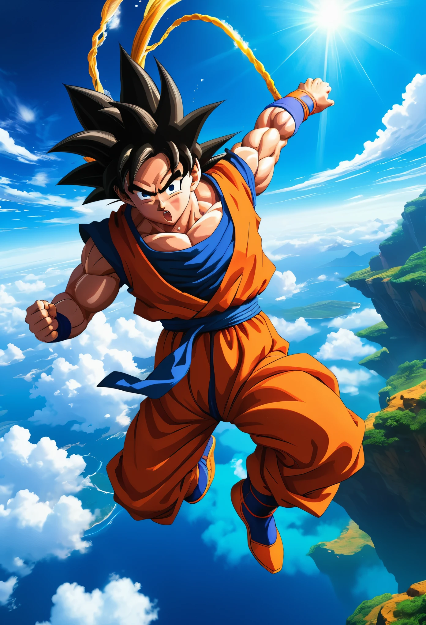 sky scene, sky exploration, Goku, Goku diving, Goku searching,  detailed, vibrant colors, dynamic lighting, photorealistic, anime style