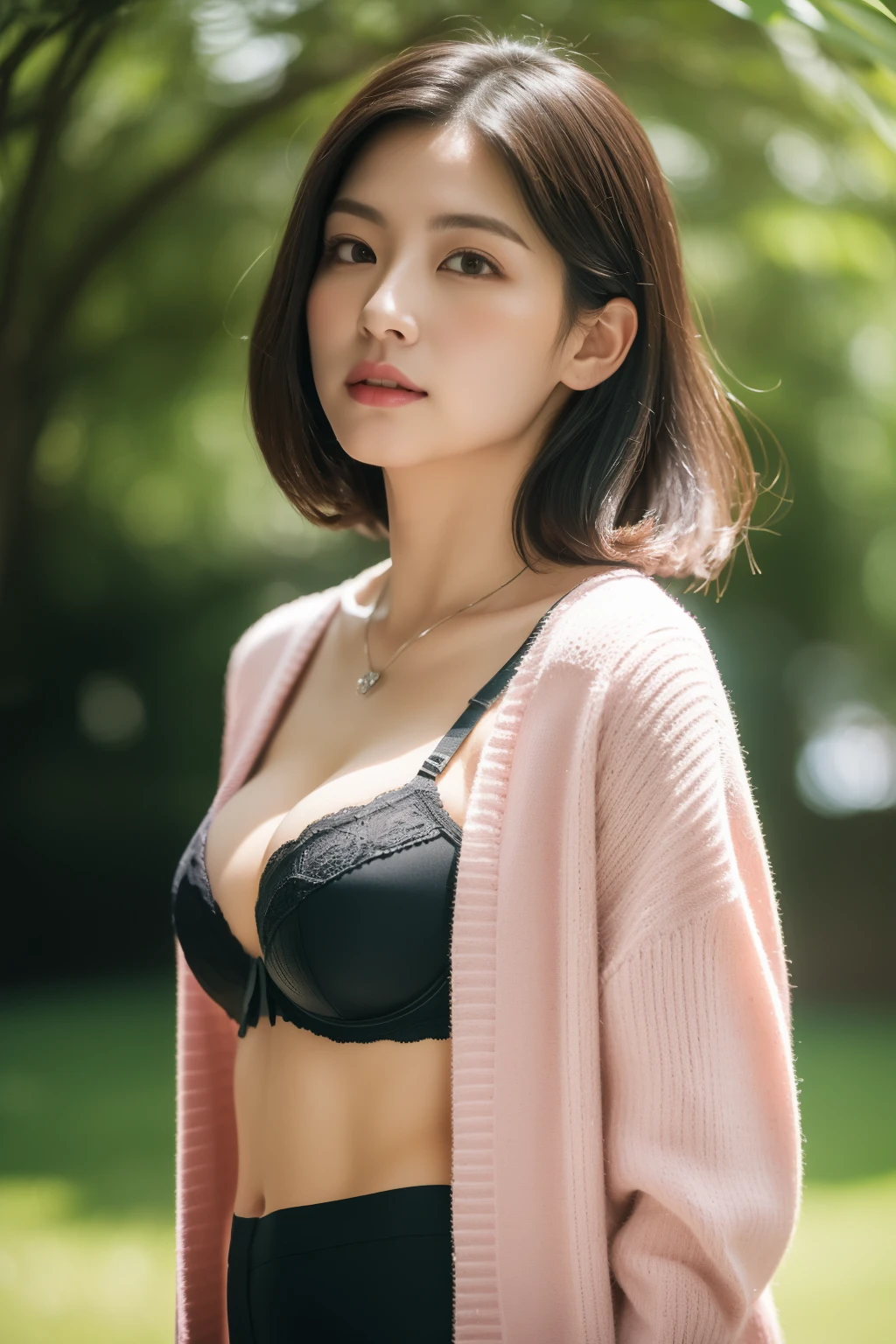 asian lady wear (((pink cardigan))), ((black bra and straps), necklace, small breast, rounded shape breast, ((she)), ((mid-shot, full body, slender waist)), Hair Up Do、 Glowing eyes, nose blush, Carl Larsson, Alfonse Mucha, Chiaroscuro, Film Glenn, reflective light, (((mid-Shot))), waist to top,longshot show full body, masterpiece, high details, sun light on her, leaf shading, ((lean forward)) ,