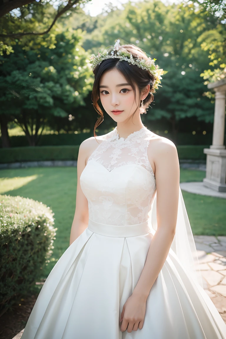 ((girl in perfect body shape)), ((korean bride)), ((garden at the background)), ((Bobhair cut)), ((top-quality)), RAW , ((masterpiece)) , (fujifilm), 16k , (Photorealism), ((beautiful bride)), ((wearing bride crown)) , ((low shot)), ((distant shot)),((facing towards the viewers)), ((full body shot))