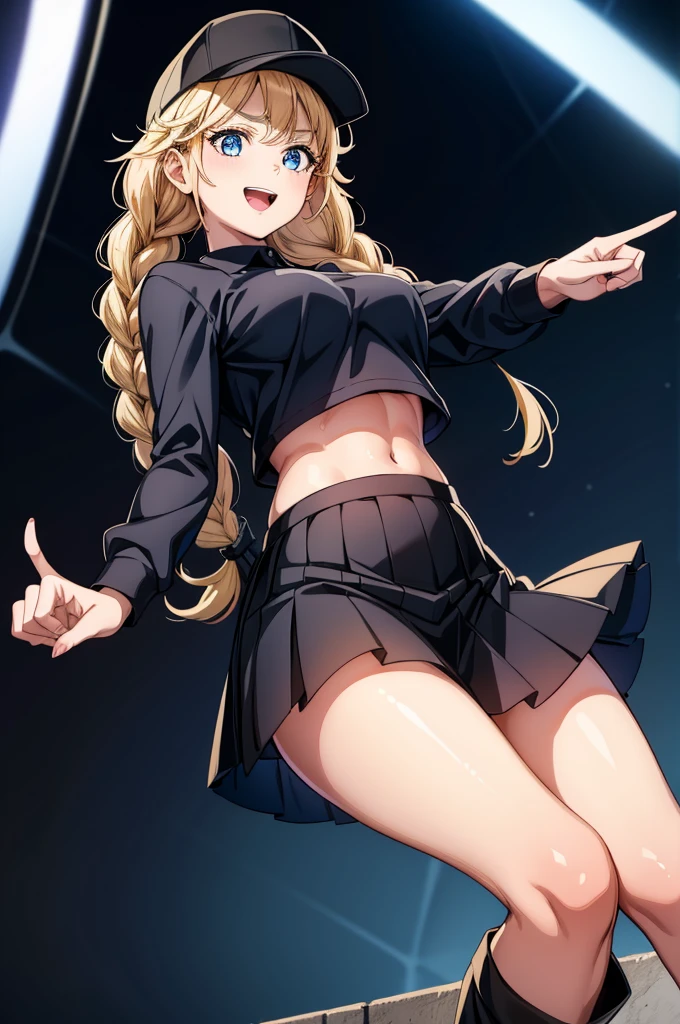 a beautiful female in black outfit is pointing at something behind her holding a key, 1girl, solo, blue eyes, blonde hair, hat, skirt, navel, twin braids, long hair, braid, shirt, , open mouth, sweat, smile, looking at viewer, polo shirt, midriff, pleated skirt