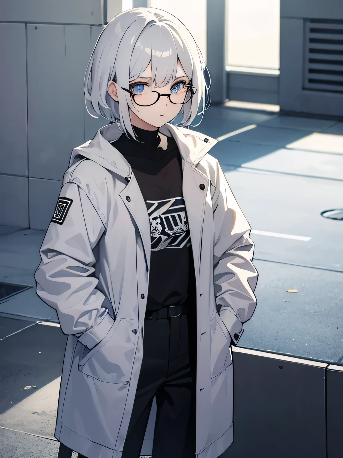 Tomboy girl, look at the camera, white hair, wears jacket, wears glasses, standing, neutral face