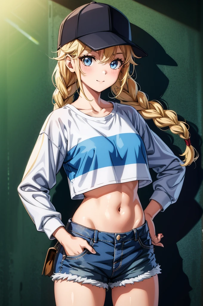 an attractive anime girl whose head is back in a blue hat and shorts, 1girl, solo, hat, shorts, blonde hair, blue eyes, navel, crop top, baseball cap, midriff, shirt, breasts, twin braids, braid, denim shorts, short shorts, denim, looking at viewer, black headwear, collarbone, white shirt, long sleeves, long hair, hand on hip, smile, cowboy shot, blush