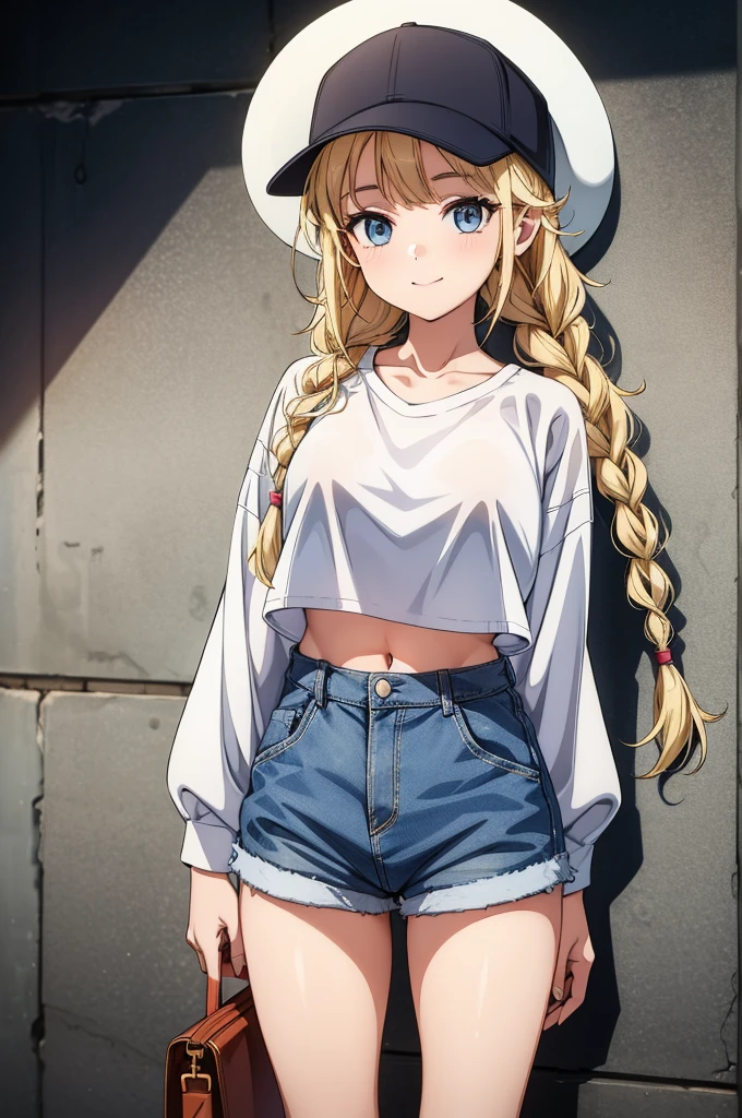 a girl in a white hat is posing while standing next to a wall, 1girl, solo, hat, twin braids, shorts, navel, blonde hair, crop top, braid, denim, shirt, denim shorts, looking at viewer, long hair, baseball cap, breasts, smile, short shorts, midriff, cutoffs, white shirt, long sleeves, collarbone, stomach, cowboy shot, crop top overhang, white headwear