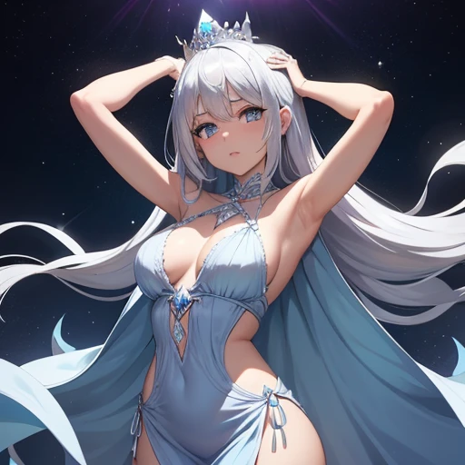 The girl had silver hair, que brillaba al sol, y ojos azules brillantes que brillaban como diamantes. Her figure was wrapped in a flowy dress., mientras alas plateadas brotaban de su espalda. On her head was a diamond crown that shone even in the shadows..