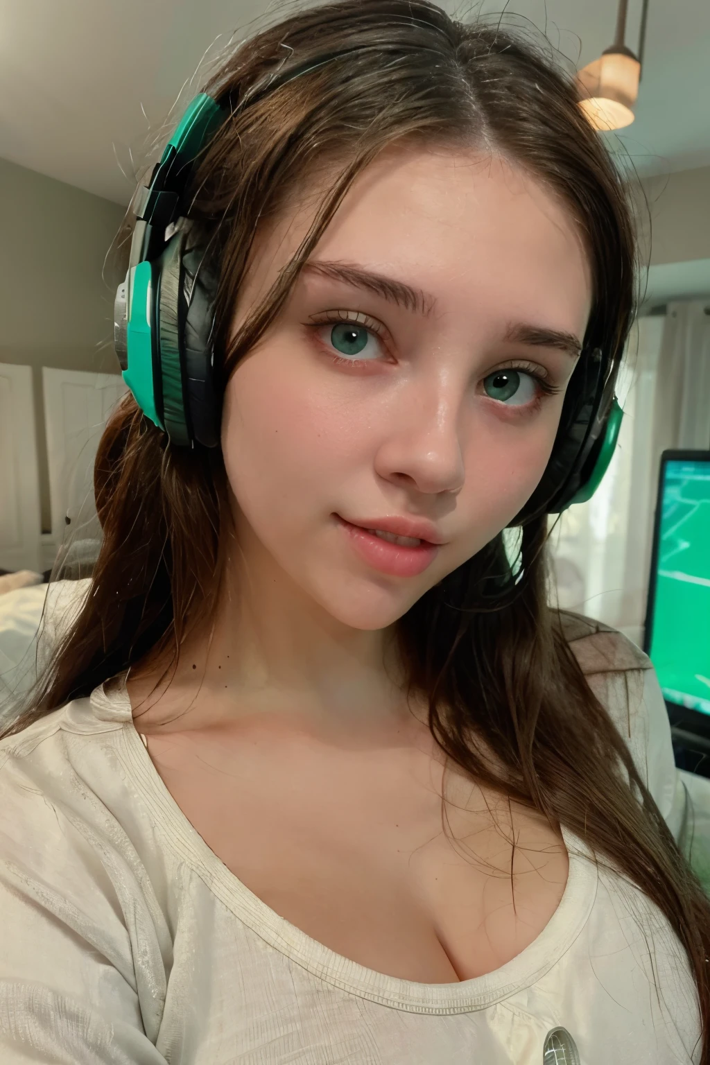 masterpiece, HDR, 4K, 8K, masterpiece, best quality, 1girl, masterpiece, best quality, 1girl, skinny face, brown hair, detailed face+green eyes, medium breasts, closed mouth, looking at viewer, long hair, gamer headphones, plaid pajamas, background: Surabaya, solo, upper body,