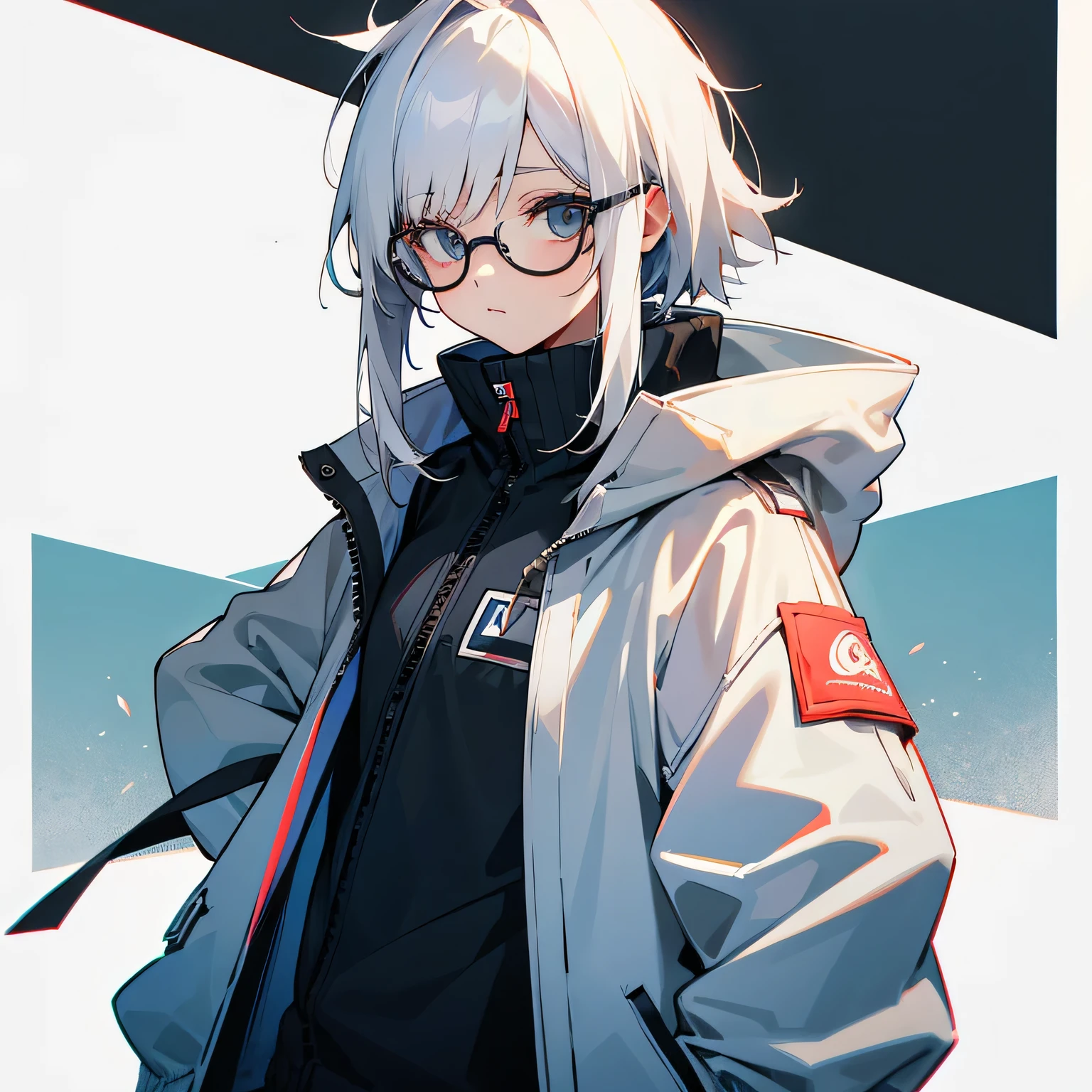 Tomboy girl, look at the camera, white hair, wears jacket, wears glasses