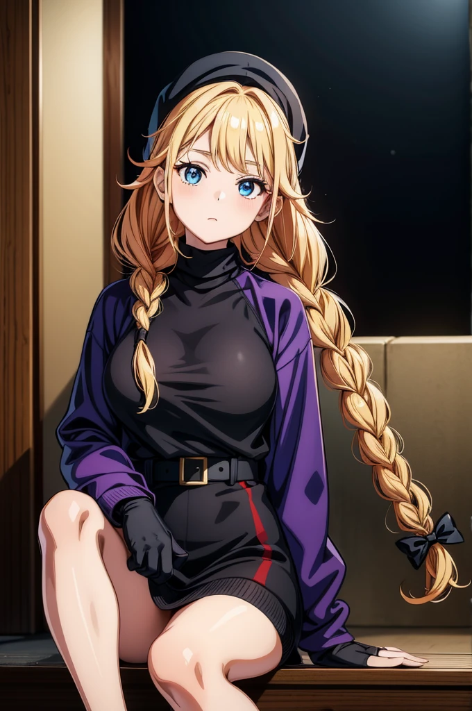 a digital painting of a red haired woman wearing black gloves sitting on the stairs with her head turned to the side, 1girl, solo, red headwear, blue eyes, blonde hair, braid, hat, sitting, beanie, blue sweater, yellow jacket, twin braids, sweater, looking at viewer, breasts, open clothes, jacket, long hair, pantyhose, open jacket, long sleeves, turtleneck sweater, bow, black pantyhose, turtleneck