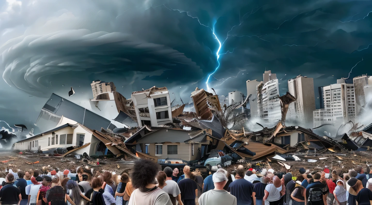 people are walking in front of a large group of buildings, surreal!!!, as a tornado approaches, disaster photography, tornado twister, apocalypse hurricane storm, stefan koidl, tornado, by Jon Coffelt, 2040, photo manipulation, an amazing photo, surreal collage, surreal scene, menacing!!!, photo of monstrous tornado