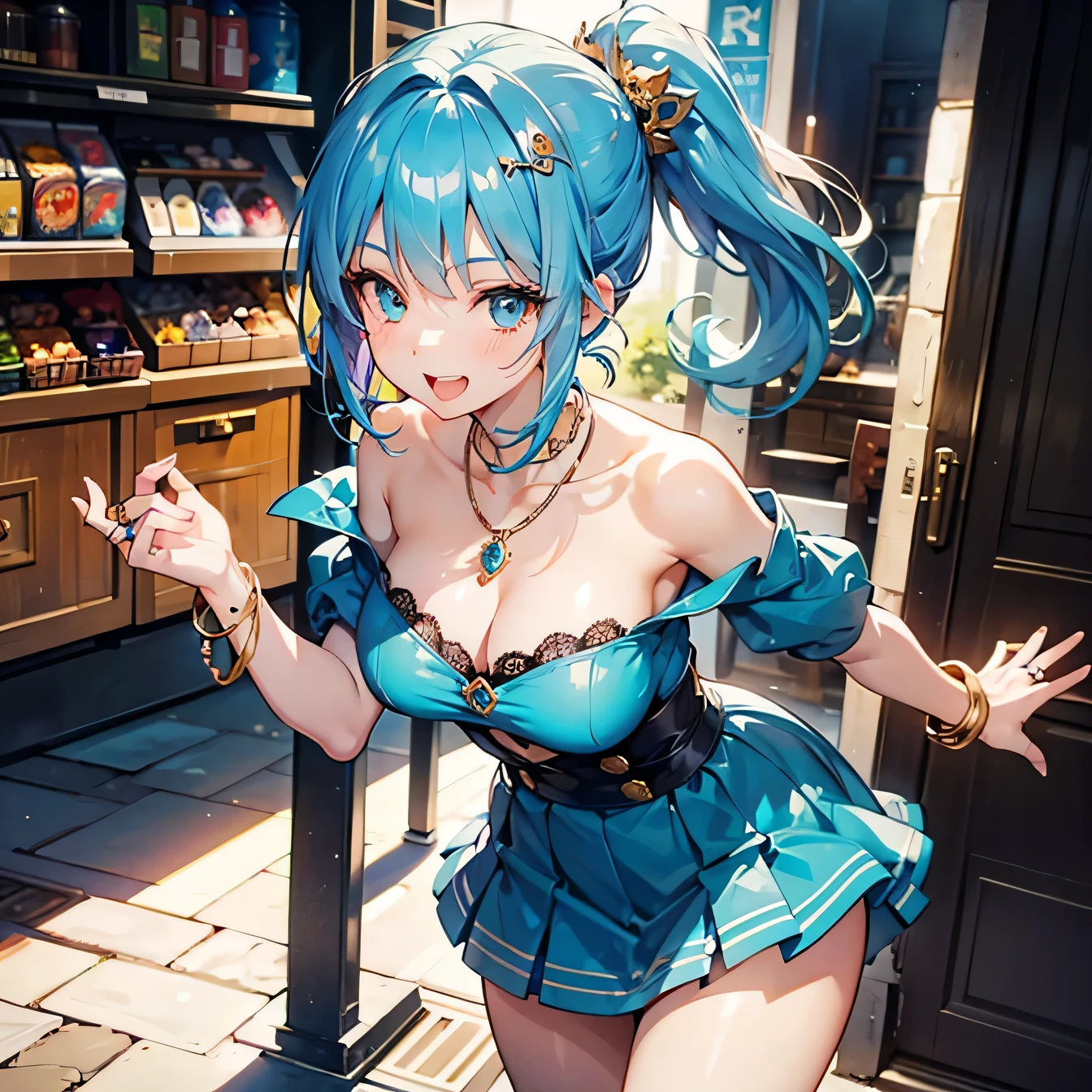Anime Moe Art Style,highest quality,High resolution,One Girl,Anatomically correct,Mid-s,A girl with light blue hair in a ponytail,Super detailed,Fantasy-inspired costumes,off shoulder tops,mini skirt,Big Breasts,Active,Bright smile,Laughing with your mouth open,A rich expression,Eyes drawn in detail,necklace,ring,hair ornaments,bracelet,Fantasy-style town,Looking at accessories from a street vendor,8K