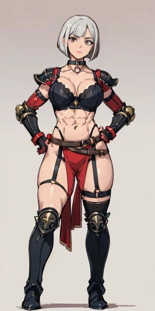 ((Plain background 1:2)) (Cammy White Street Fighter white silver short bob haircut) Female full body standing straight symmetrical looking to the viewer RED full body armored (handcuffs, shackles, rerebrace, faulds, poleyn, gauntlets, leather collar choker, gloves, gauntlets,  high boots bootstraps, black stockings) 2 crossing big belt under belly button, navel, abs, garter straps belts attaching bra ((hands on hips)) view from below, wide hips