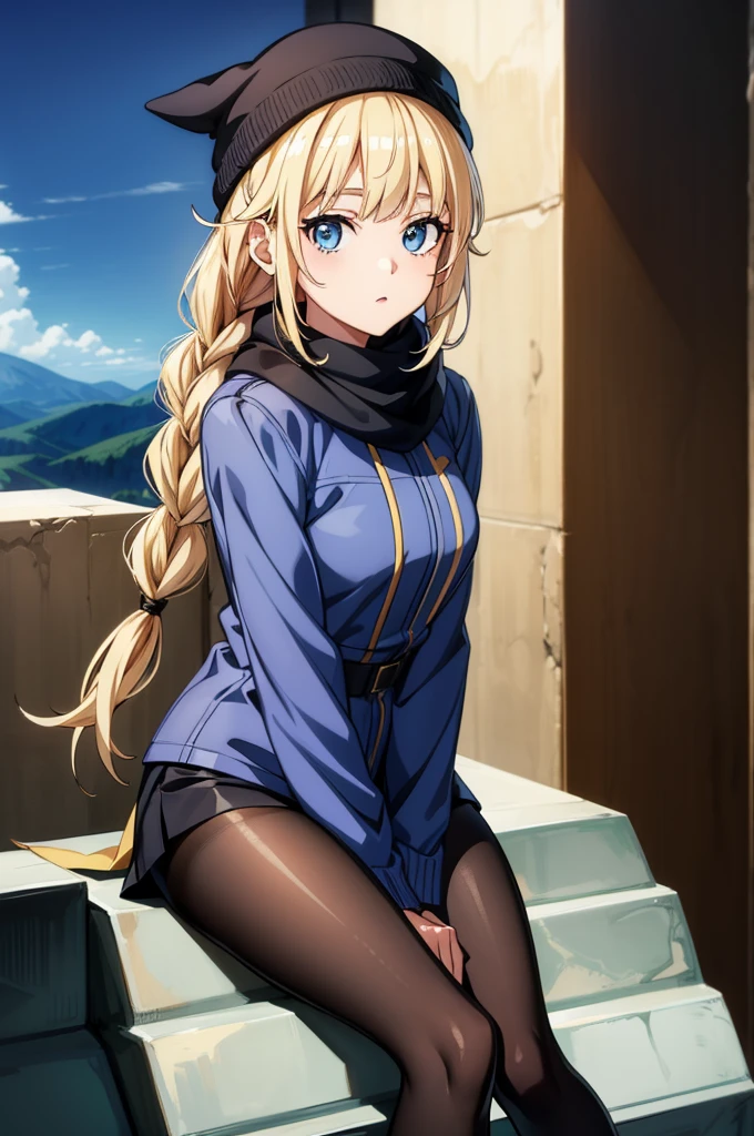 a beautiful blond girl in a jacket and scarf sitting on a ledge, 1girl, solo, blonde hair, outdoors, blue eyes, hat, jacket, braid, pantyhose, sitting, looking at viewer, twin braids, long hair, long sleeves, day, black headwear, black pantyhose, bangs, beanie