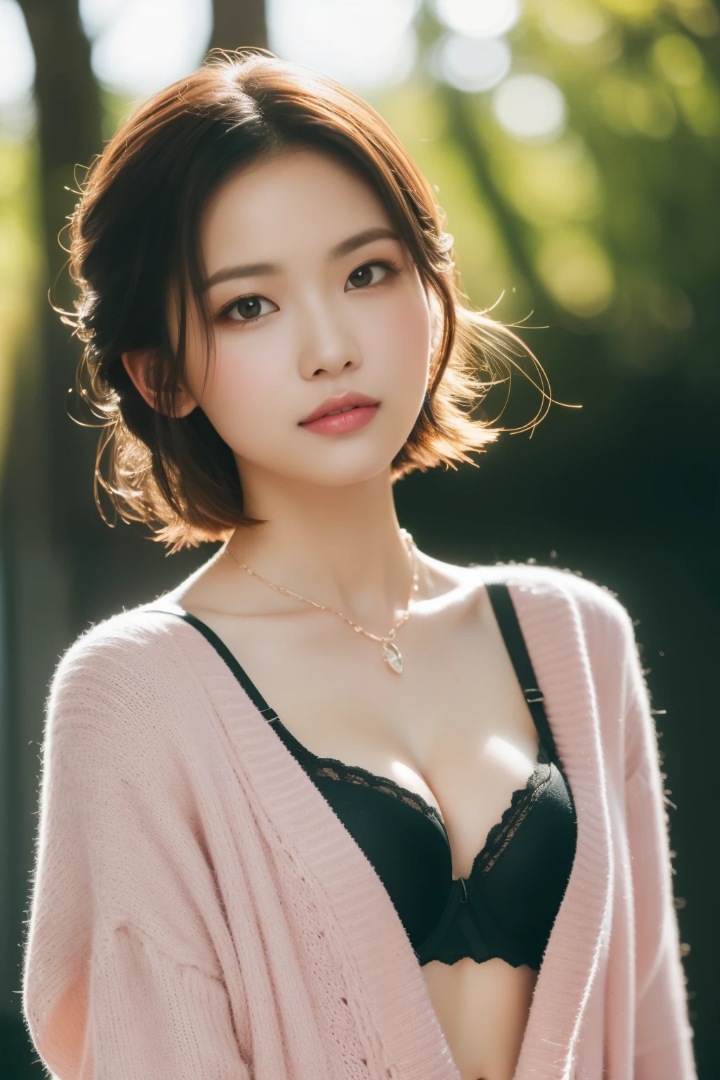 asian lady wear (((pink cardigan))), ((black bra and straps), necklace, small breast, rounded shape breast, ((she)), ((mid-shot, full body, slender waist)), Hair Up Do、 Glowing eyes, nose blush, Carl Larsson, Alfonse Mucha, Chiaroscuro, Film Glenn, reflective light, (((mid-Shot))), waist to top,longshot show full body, masterpiece, high details, sun light on her, leaf shading, ((lean forward)) ,