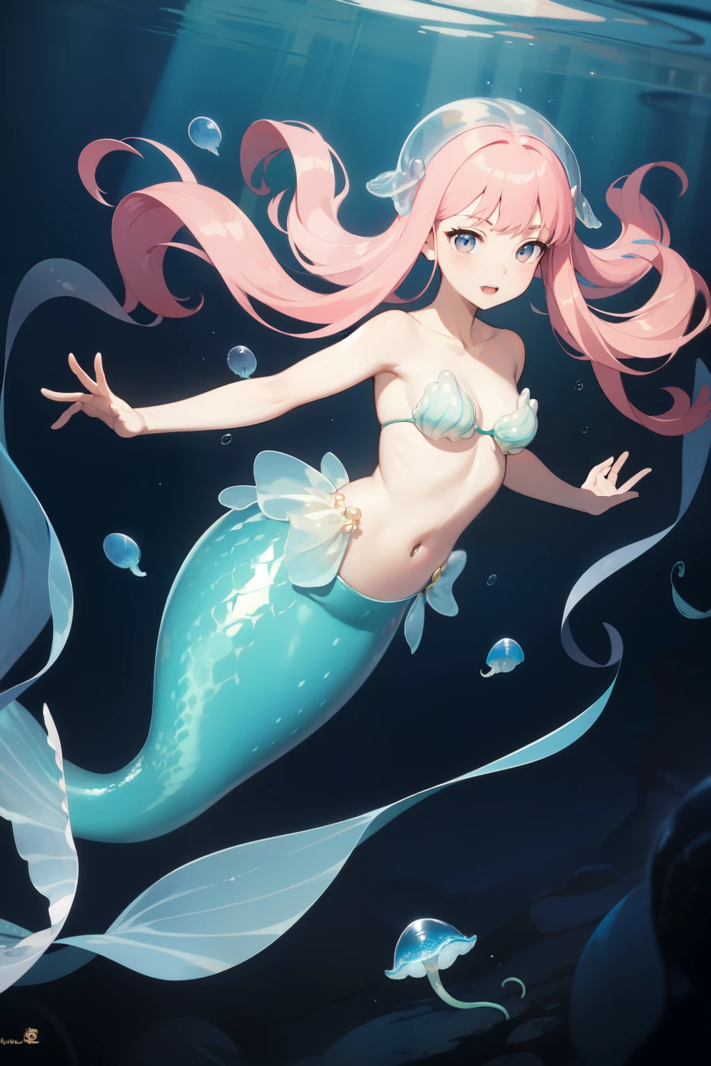 jellyfish girl, jellyfish, tentacles, transparency, seabed, bottom, rainbow, pearl, mermaid, transparent body