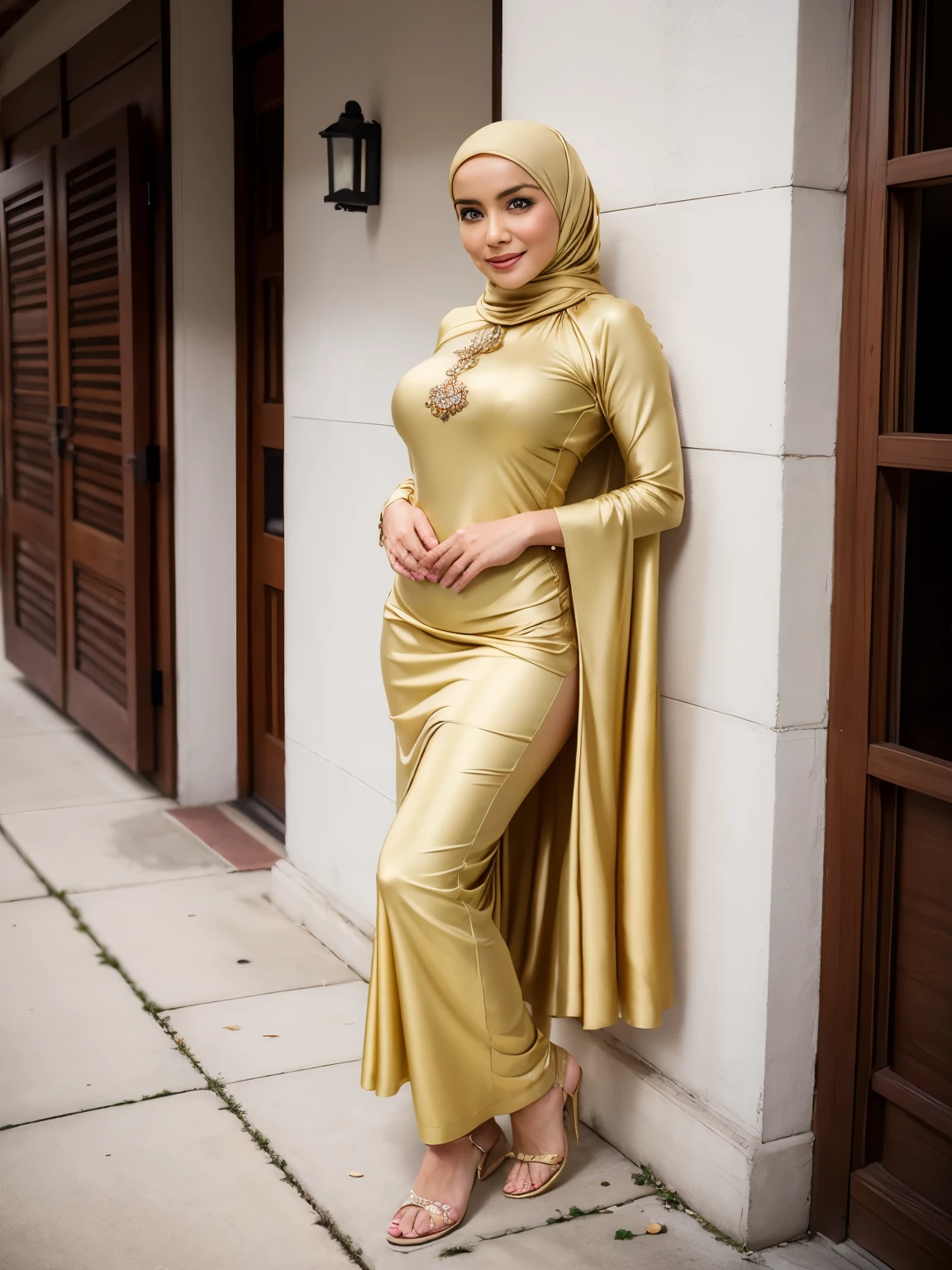 1 lady, 30 years old, hijabi, wearing tight malay baju kurung, fine wrinkles, posing politely, standing outside a hall, gold malay baju kurung, big breast, covered up, wearing plain hijab, slit bottom