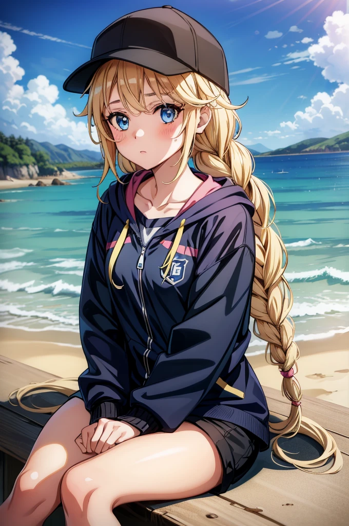 a pretty anime girl sitting down on grassy area of beach wearing black jacket, 1girl, solo, hat, sitting, braid, crossed legs, blonde hair, blue eyes, shorts, twin braids, baseball cap, long hair, black headwear, jacket, collarbone, looking at viewer, hood, blush, long sleeves