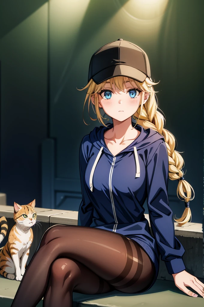 a women wearing a football uniform sitting on a ledge next to a cat, 1girl, solo, twin braids, blonde hair, blue eyes, braid, sitting, hat, long hair, pantyhose, crossed legs, looking at viewer, black headwear, baseball cap, hood, collarbone, long sleeves, blush, closed mouth