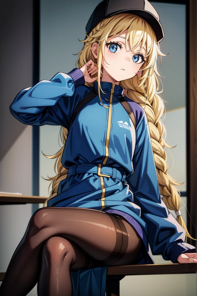 a drawing showing a fictional anime girl in a hat and blue jacket, 1girl, solo, hat, blue eyes, braid, blonde hair, pantyhose, sitting, black headwear, crossed legs, jacket, twin braids, looking at viewer, long hair, thighband pantyhose, black pantyhose, long sleeves,,Eiko Tsukimi, blue eyes, braid, twin braid,(((blonde hair))),baseball cap