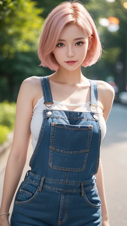 beautiful young woman in overalls jean ,push up bras ,upperbody, short pink-blond hair ,light bokeh effect, cute elegant pose, attractive pose, gorgeous face and figure, light soft, medium long body shot ,elegant pose ,beautiful belly breast, large breasts