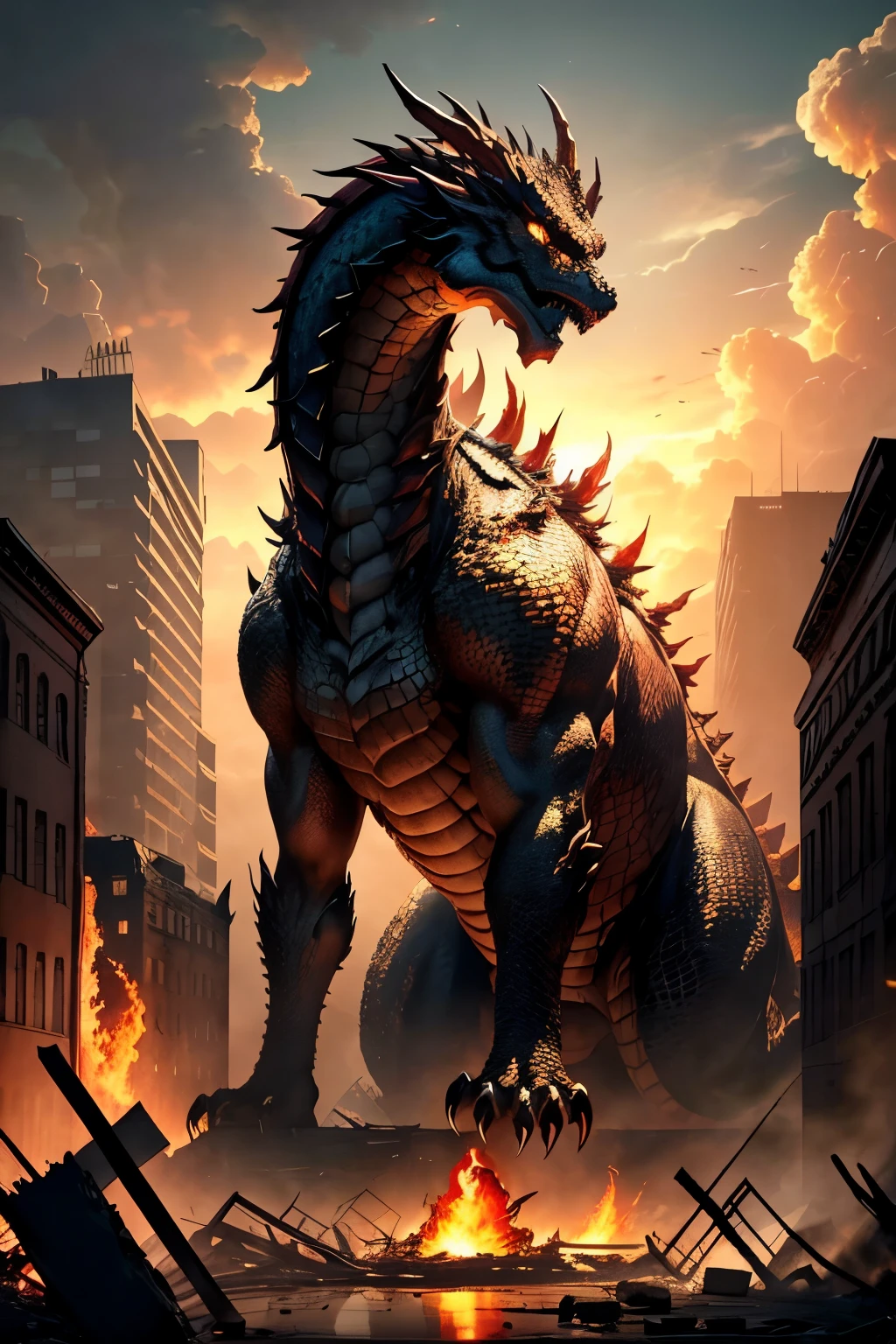 In the midst of chaos and destruction, a colossal dragon, with scales that shimmered like molten gold under the sun, unleashed torrents of raging flames upon unsuspecting cities. The once tranquil streets were replaced by a maelstrom of scorching infernos, roaring flames consuming everything in their path. Detailed ruins of buildings crumbled under the onslaught of the dragon's devastating breath, leaving only a trail of ashes and despair. Flames danced and flickered among the rubble, casting long, ominous shadows on the charred ground. The sunlight struggled to pierce through the thick haze generated by the dragon's