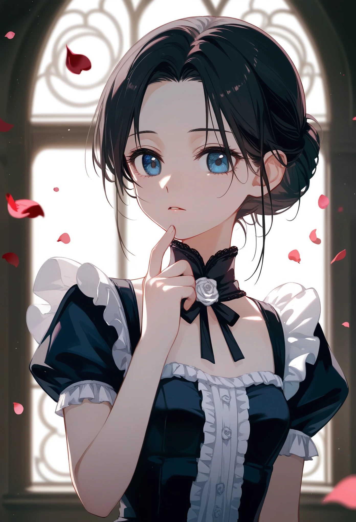 masterpiece, T-ponyai3 style, upper body, score_9, score_8_up, score_7_up, portrait, 1girl, solo, black hair, tied hair, hair bun, parted bangs, dark blue eyes, innexpressive, pale skin, small breasts, upper body, victorian fashion, black dress, frilled dress, short sleeves, hand stroking own chin, delicate hand, perfect hands, white rose petals, church window background, best quality
