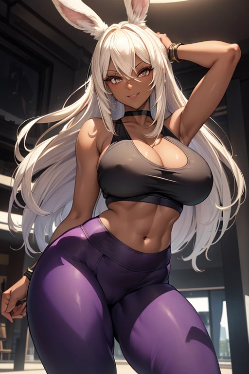 (masterpiece), best quality, highly detailed faces, (SHARP details), 4k, highly detailed, expressive eyes, SHARP detail expressive eyes, (SHARP detail perfect face), ((dark skin)), (bunny ears), (viera), ((platinum blonde hair)), (choker) amber eyes, long and wild hair, (mature woman), (big breasts), smiling, standing, (wearing tight white tank top), 20 years old, ((wearing tight purple yoga pants)), ((solo)), wide hips, (((view from front))), thick thighs, tall woman, modern gym, cameltoe, midriff,
