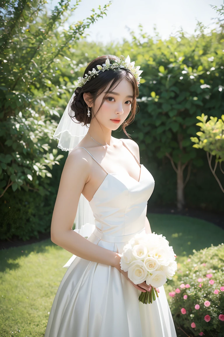((girl in perfect body shape)), ((korean bride)), ((garden at the background)), ((Bobhair cut)), ((top-quality)), RAW , ((masterpiece)) , (fujifilm), 16k , (Photorealism), ((beautiful bride)), ((wearing bride crown)) , ((low shot)), ((distant shot)),((facing towards the viewers)), ((full body shot))