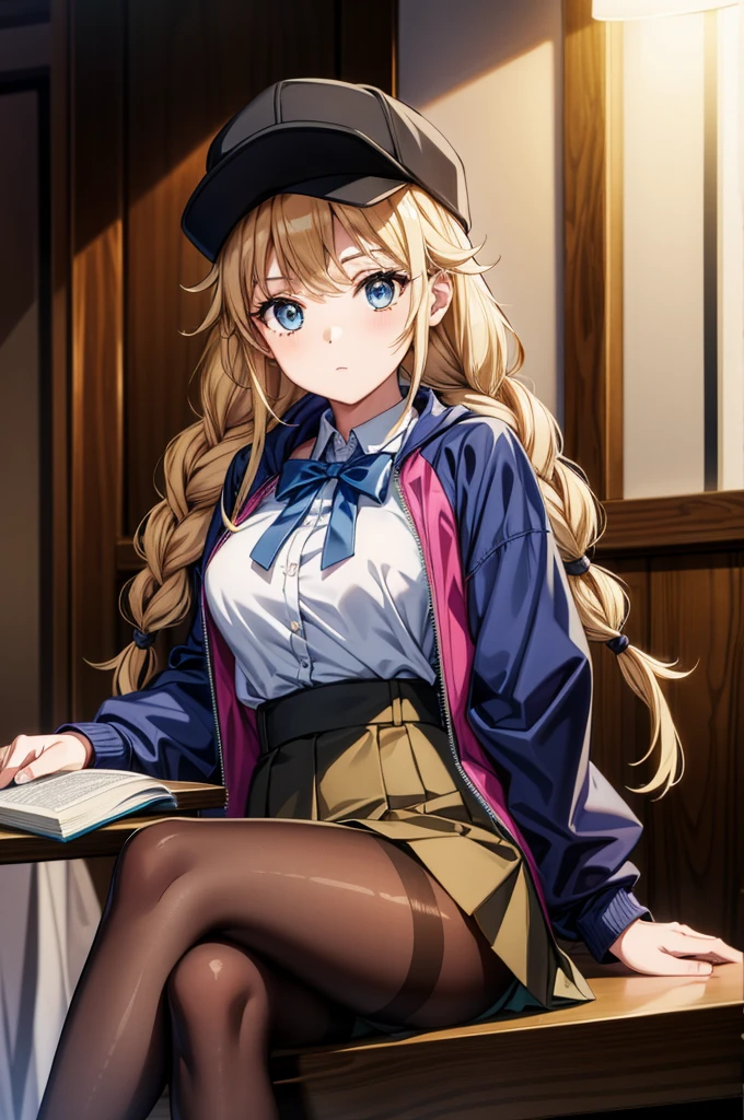 a very pretty woman with long hair holding a book sitting on a desk, 1girl, solo, long hair, crossed legs, hat, blue eyes, pantyhose, blonde hair, sitting, twin braids, braid, jacket, looking at viewer, black headwear, blue jacket, thighband pantyhose, white shirt, shirt, skirt, high-waist skirt, brown pantyhose, open jacket, breasts, baseball cap, open clothes, long sleeves
