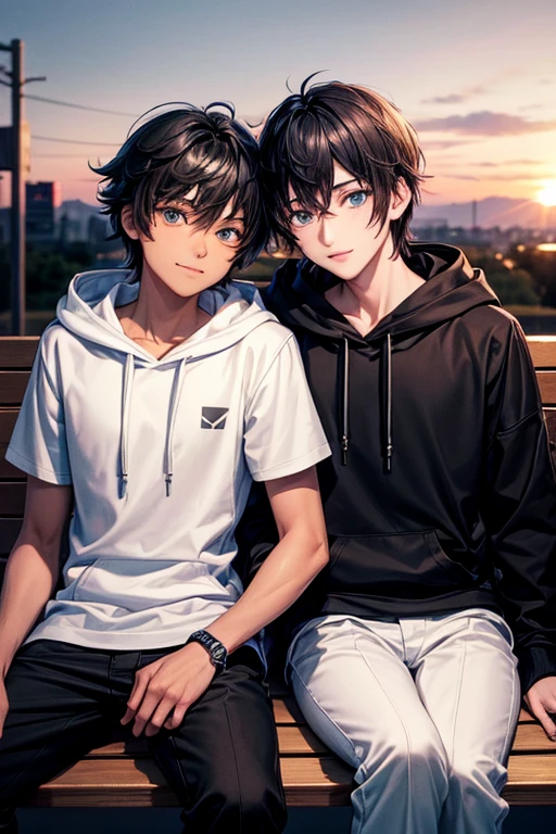 a slim asian boy with light brown skin, with no muscles , black fluffy hair and black eyes wearing a white uniform with black soft vest and black long pants , with a poker face with a 16 year oldnic boy with white skin, with no muscles , black fluffy hair and blue eyes wearing a cyan hoodie and black shorts sitting in a bench in the sunset , smiling