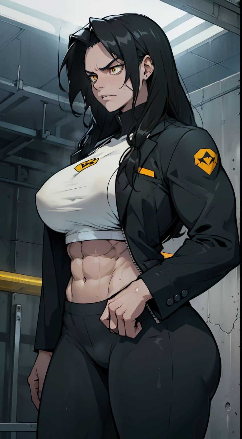 ((((1 girl, muscular)))), (thick thighs, , very long hair), black hair, yellow eyes, solo, sweaty, angry, (three-piece suit), (dark atmosphere), pale skin