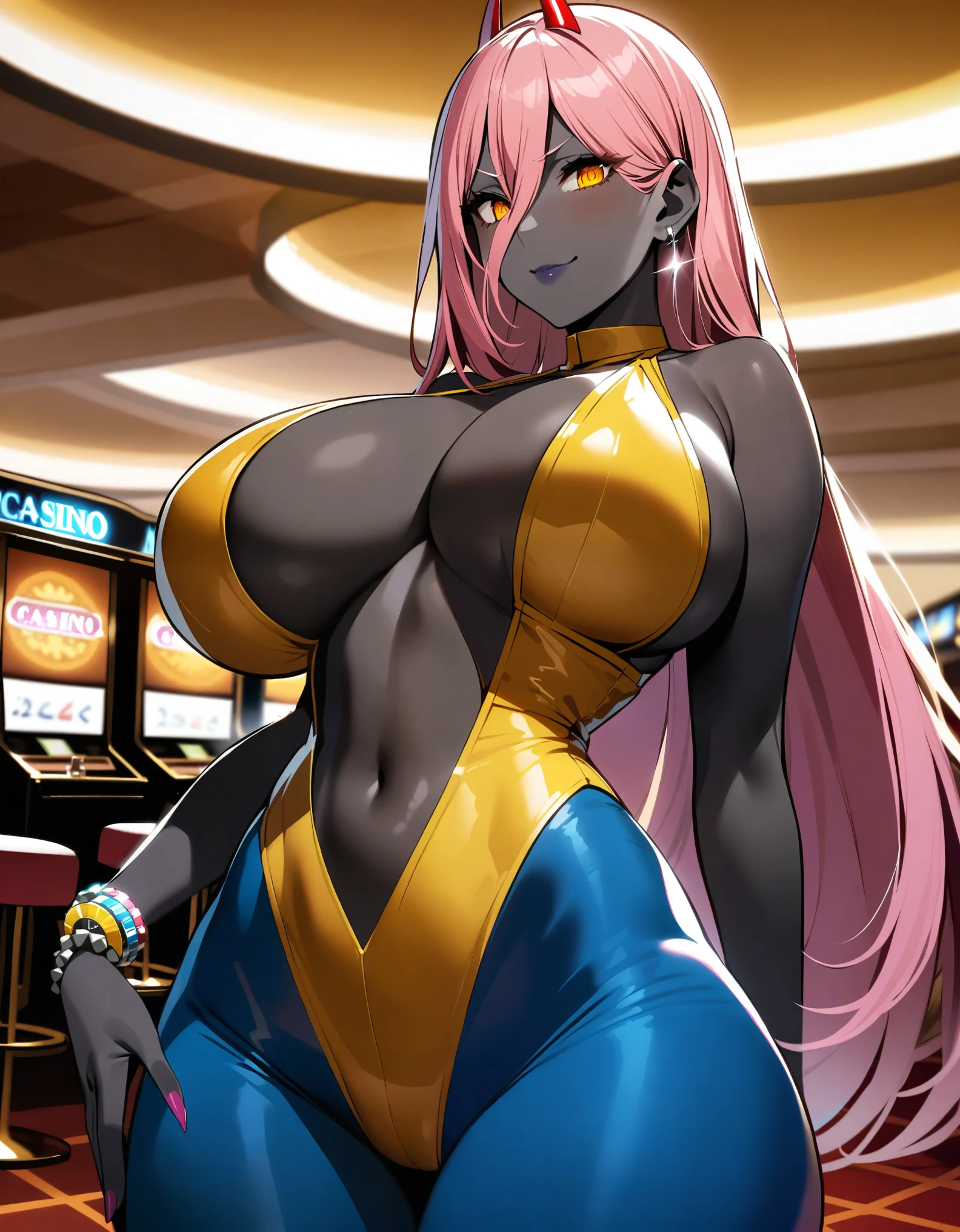 masterpiece, best quality, extremely detailed, 1girl, (milf, motherly), solo, (dark skin, black skin:2), power_\(chainsaw_man\), (huge breasts:1.15), ((((pink hair), long hair, yellow eyes, red horns))), purple lips, (((yellow leotard, center opening, cross-laced, navel, blue pantyhose))), ((light smile, sadistic), closed mouth), ((casino))