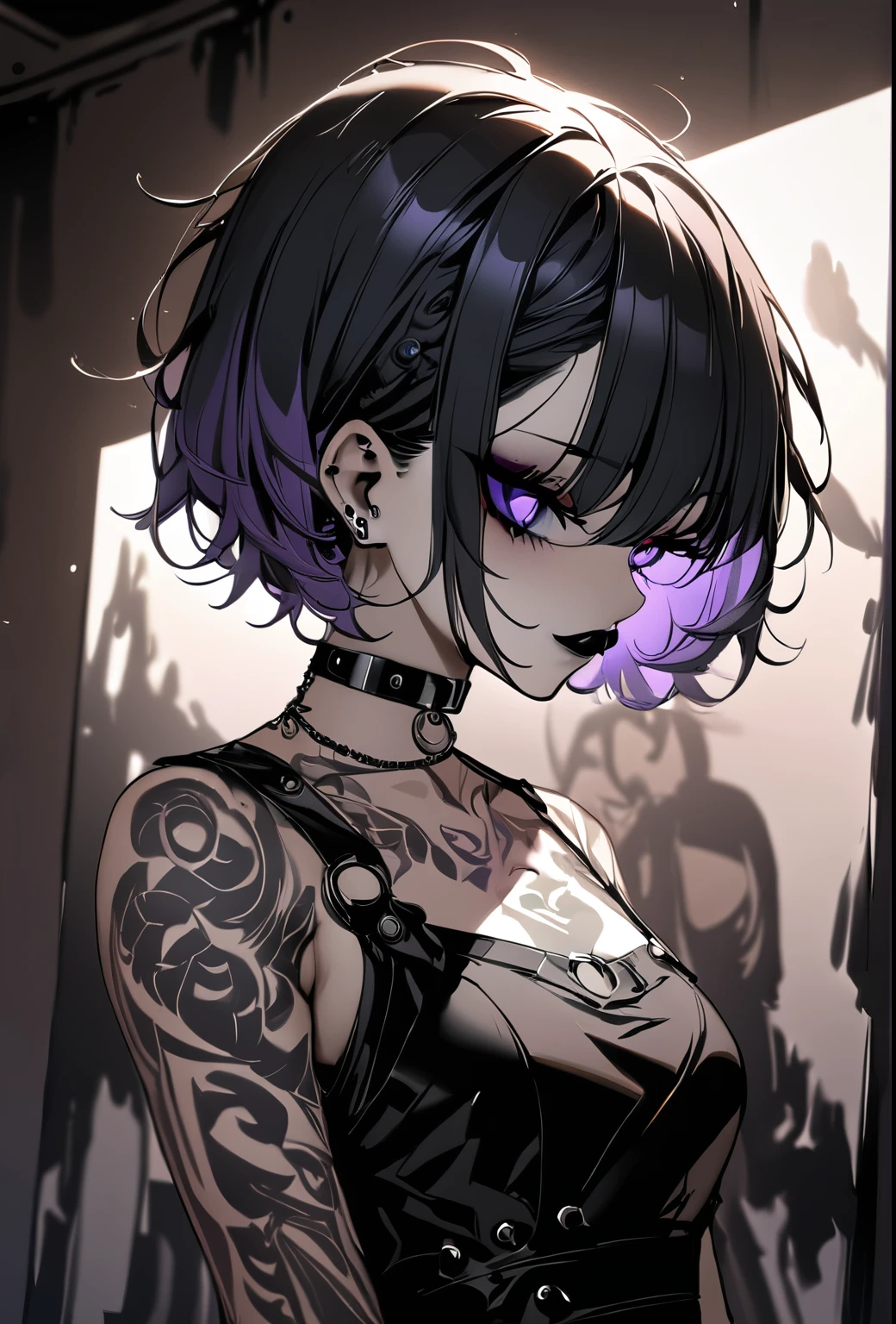 Holo-Punk Style, masterpiece,(best quality,top quality,8k),illustration,painting,detailed eyes and face,(1girl), purple eyes, black hair, messy hair, short hair, hair between eyes,(tatto:1.2), wolfcut, pixie cut, goth, gothic, choker, black lips, (black dress:1.1)