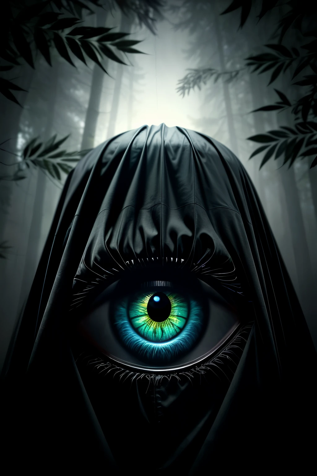 Picture prompt: A creature in the forest, shrouded in a black sheet with one eye peeking out, instilling terror, fear, and unease in the viewer. (masterpiece, highest quality, ultra-detailed, cinematic light, side lighting, RAW)

Imagine a captivating scene featuring a mysterious creature hidden in the depths of a forest. This creature is wreathed in an enigmatic aura, concealed beneath a tattered black sheet that barely covers its menacing form. A single glowing eye peers out from under the sheet, casting an eerie light upon the surrounding foliage. The creature's presence is palpable, as its dark energy