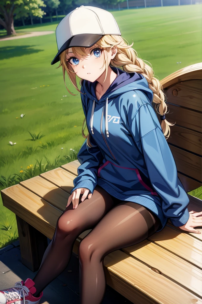 a computer animated girl in a hat and baseball cap sitting on a bench, 1girl, solo, braid, blue eyes, pantyhose, long hair, blonde hair, baseball cap, hat, hood, outdoors, sitting, crossed legs, sky, sneakers, hoodie, hood down, day, looking at viewer, twin braids, jacket, shoes, white headwear, thighband pantyhose, holding