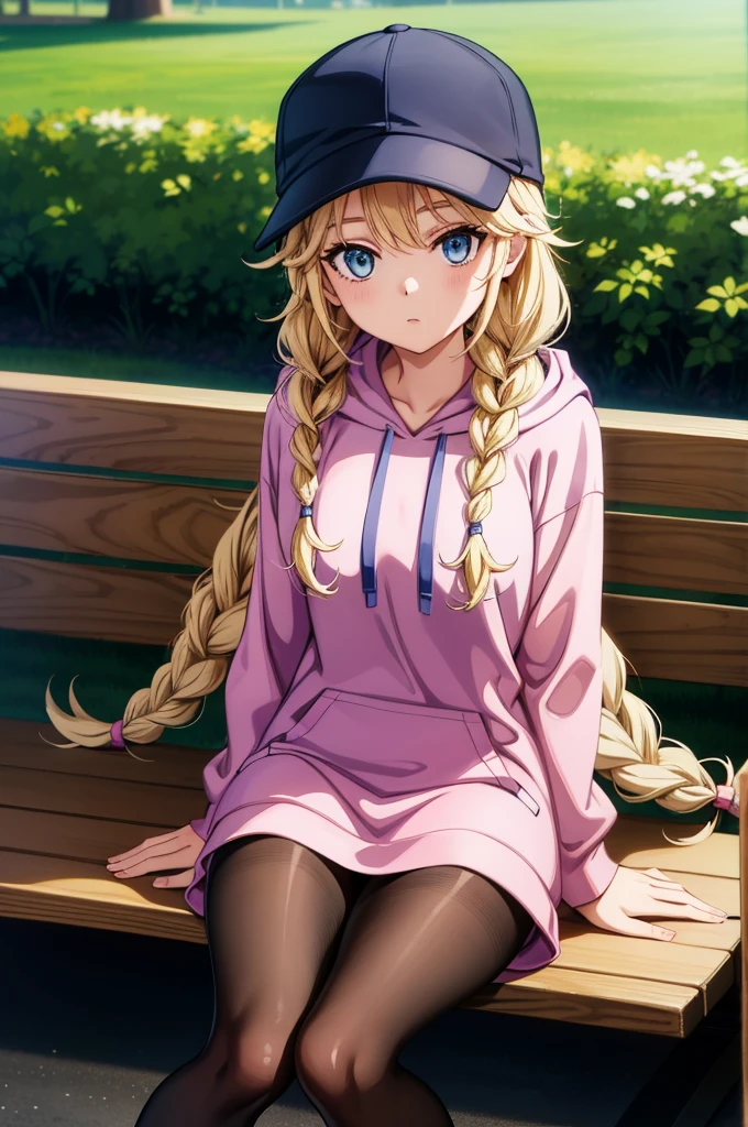 a cartoon image of the girl is sitting on a bench with a hat on, 1girl, solo, blue eyes, thighband pantyhose, blonde hair, hat, braid, sitting, pantyhose, hoodie, hood, twin braids, baseball cap, looking at viewer, long hair, pink hoodie, white headwear