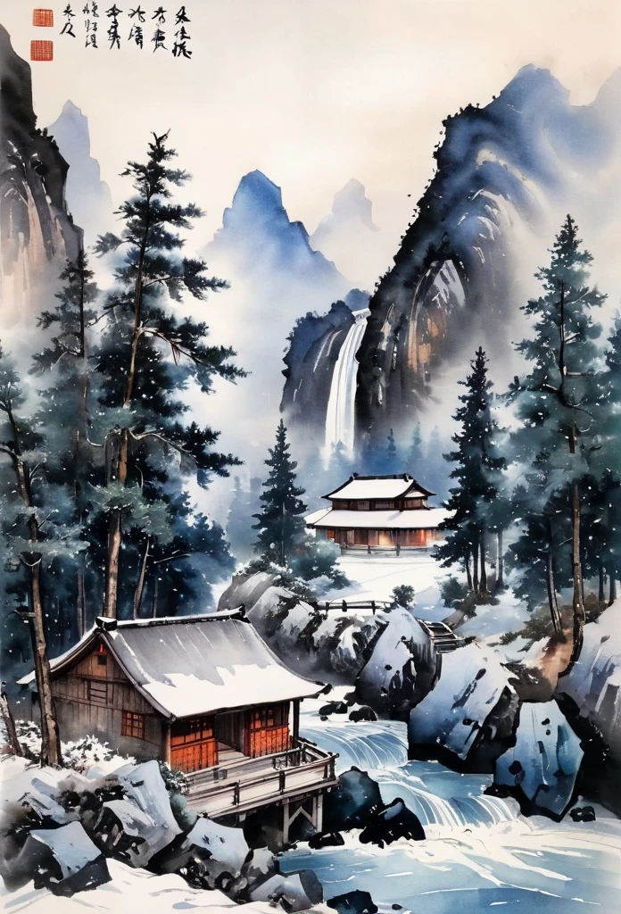 (ink and watercolor painting:1.5), (landscape painting:1.5), (mountain cabin:1.5), (Tasteful:1.5), (Winter Mountain Cabin:1.5), (Switzerland:1.5), (the Alps:1.5), (Snowy mountains in winter:1.5), (waterfall:1.5),(rock:1.5,(river:1.5),(tree:1.5),(ink-painting:1.5),(chinese style:1.5)