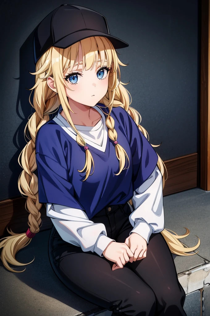 a very beautiful young girl sitting on the floor with her hair flowing, 1girl, solo, blonde hair, blue eyes, braid, hat, long hair, sitting, pants, blue sweater, looking at viewer, baseball cap, long sleeves, black headwear, black pants, bangs, twin braids