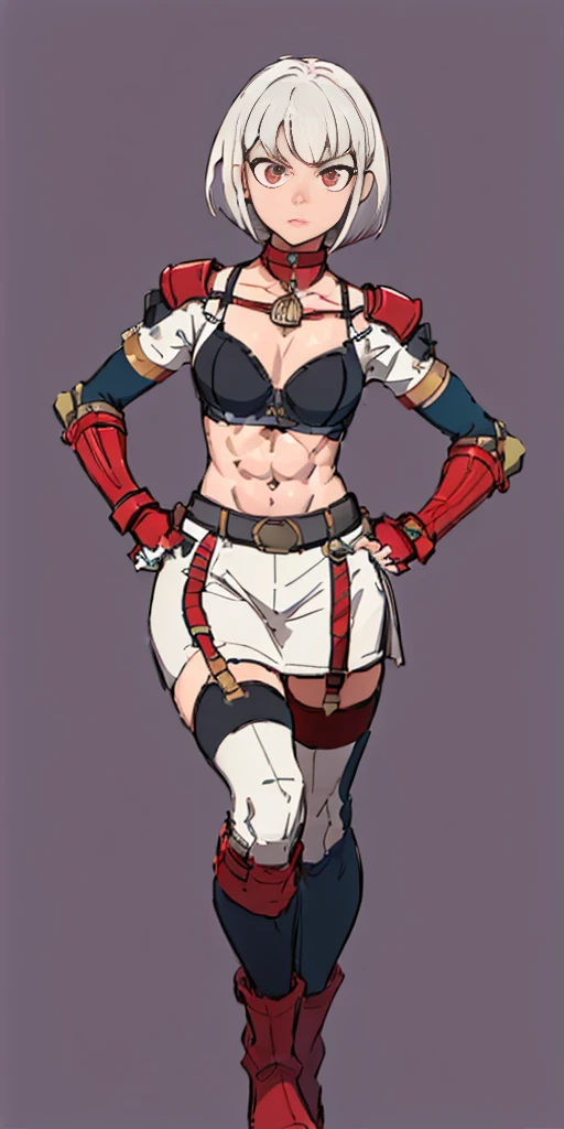 ((Plain background 1:2)) (Cammy White Street Fighter white silver short bob haircut) Female full body standing straight symmetrical looking to the viewer RED full body armored (handcuffs, shackles, rerebrace, faulds, poleyn, gauntlets, leather collar choker, gloves, gauntlets, high boots bootstraps, black stockings) 2 crossing big belt under belly button, navel, abs, garter straps belts attaching bra ((hands on hips)) view from below, wide hips