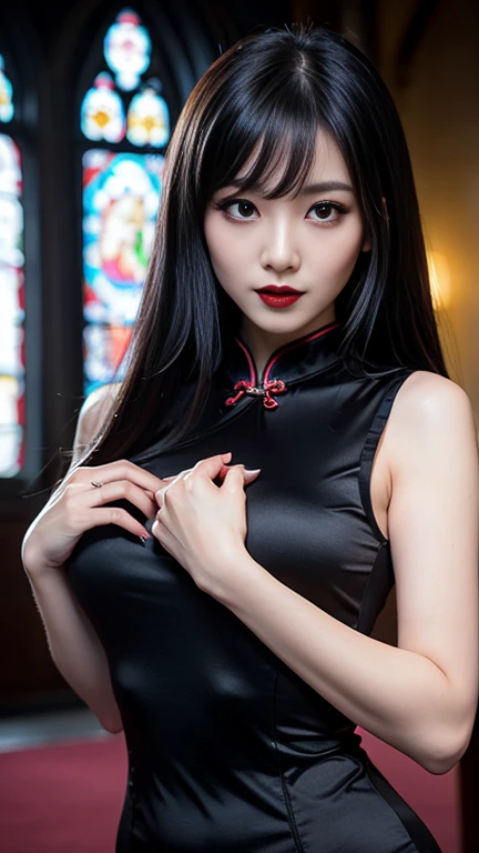 tra-detailed, Japanese, Attractive beauty, seductive adult woman, piercing eyes, wavy hair, swept bangs, Long Black Cheongsam, Fallen into evil, brainwash, mind control, lipstick, lip gloss, dark makeup, smirk, Evil expression, evil, hollow eyes, empty eyes, evil, church at night, Vampire, succubus, vampire, Hypnosis, taut clothing