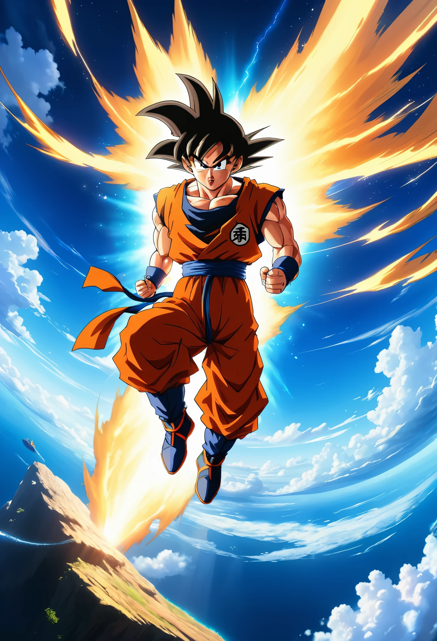 sky scene, sky exploration, Goku, Goku diving, Goku searching,  detailed, vibrant colors, dynamic lighting, photorealistic, anime style
