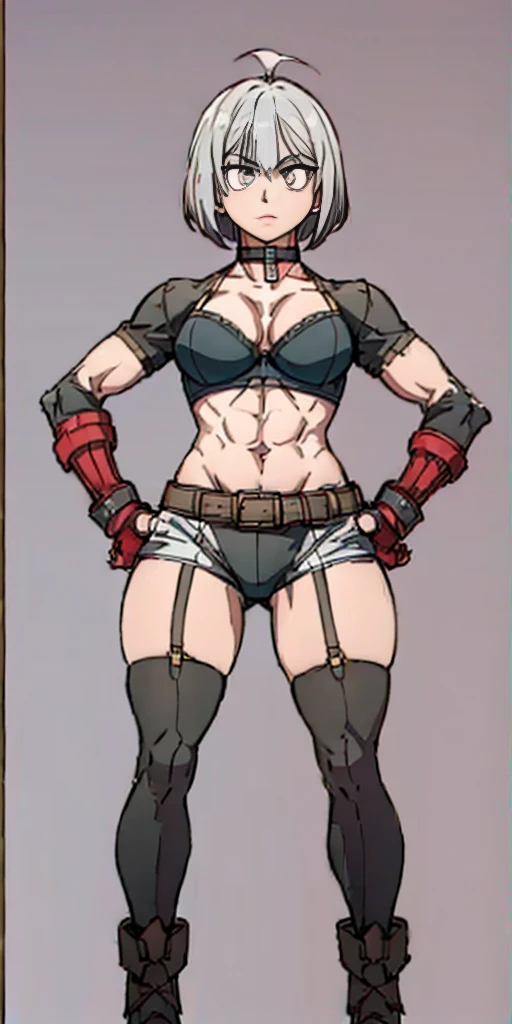 ((Plain background 1:2)) (Cammy White Street Fighter white silver short bob haircut) Female full body standing straight symmetrical looking to the viewer RED full body armored (handcuffs, shackles, rerebrace, faulds, poleyn, gauntlets, leather collar choker, gloves, gauntlets,  high boots bootstraps, black stockings) 2 crossing big belt under belly button, navel, abs, garter straps belts attaching bra ((hands on hips)) view from below, wide hips