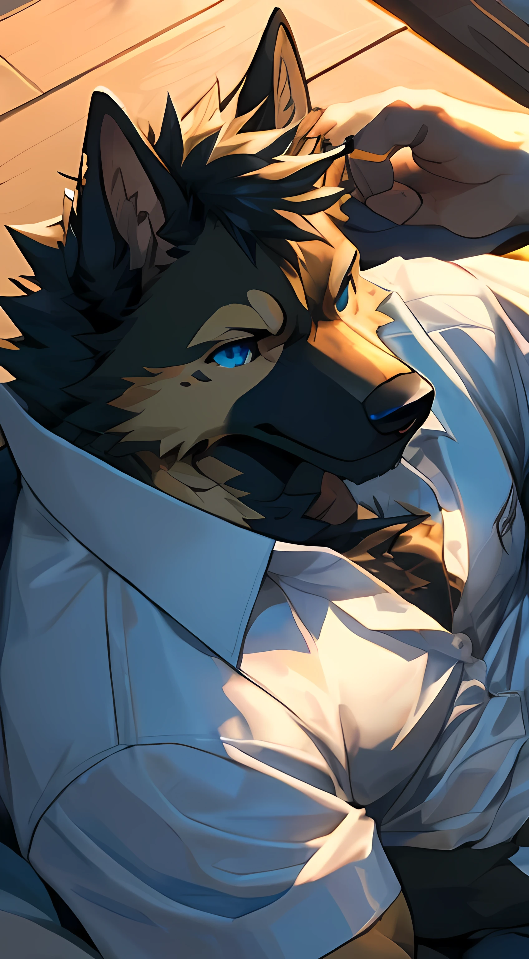 (by sollyz),detail face, detail eyes, detail,male,furry, short hair,(whiskers:1),__b2__,(happy:1.1)
German shepherd dog,blue eyes,vertical,pupil,black body,handsome,simple background,
strong,epic,strong,epic, clothed, clothing, muscle, belly, open shirt, abs, laying down, head on pillow, sea, nightstand, high angle shot,