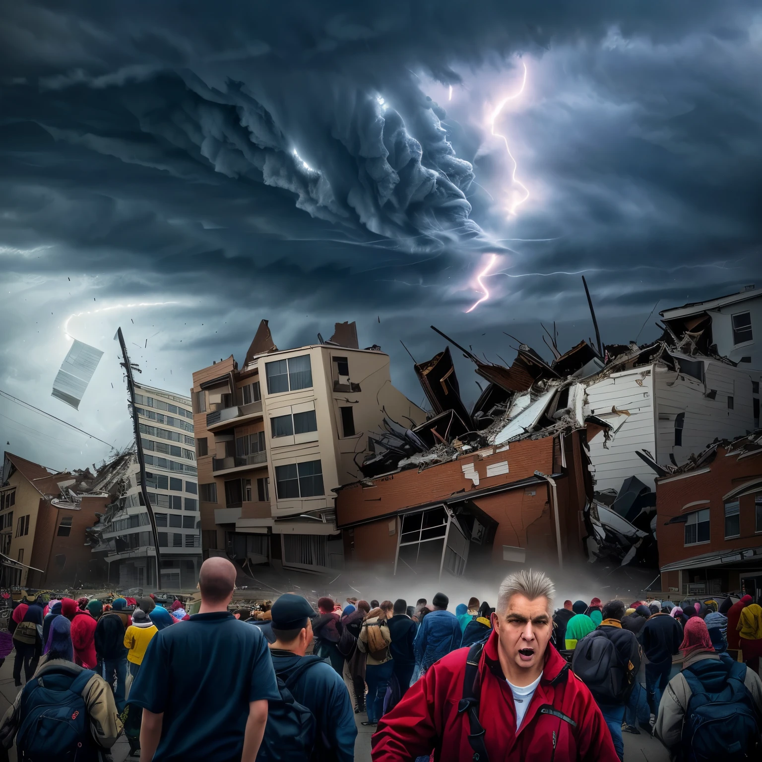 people are walking in front of a large group of buildings, surreal!!!, as a tornado approaches, disaster photography, tornado twister, apocalypse hurricane storm, stefan koidl, tornado, by Jon Coffelt, 2040, photo manipulation, an amazing photo, surreal collage, surreal scene, menacing!!!, photo of monstrous tornado