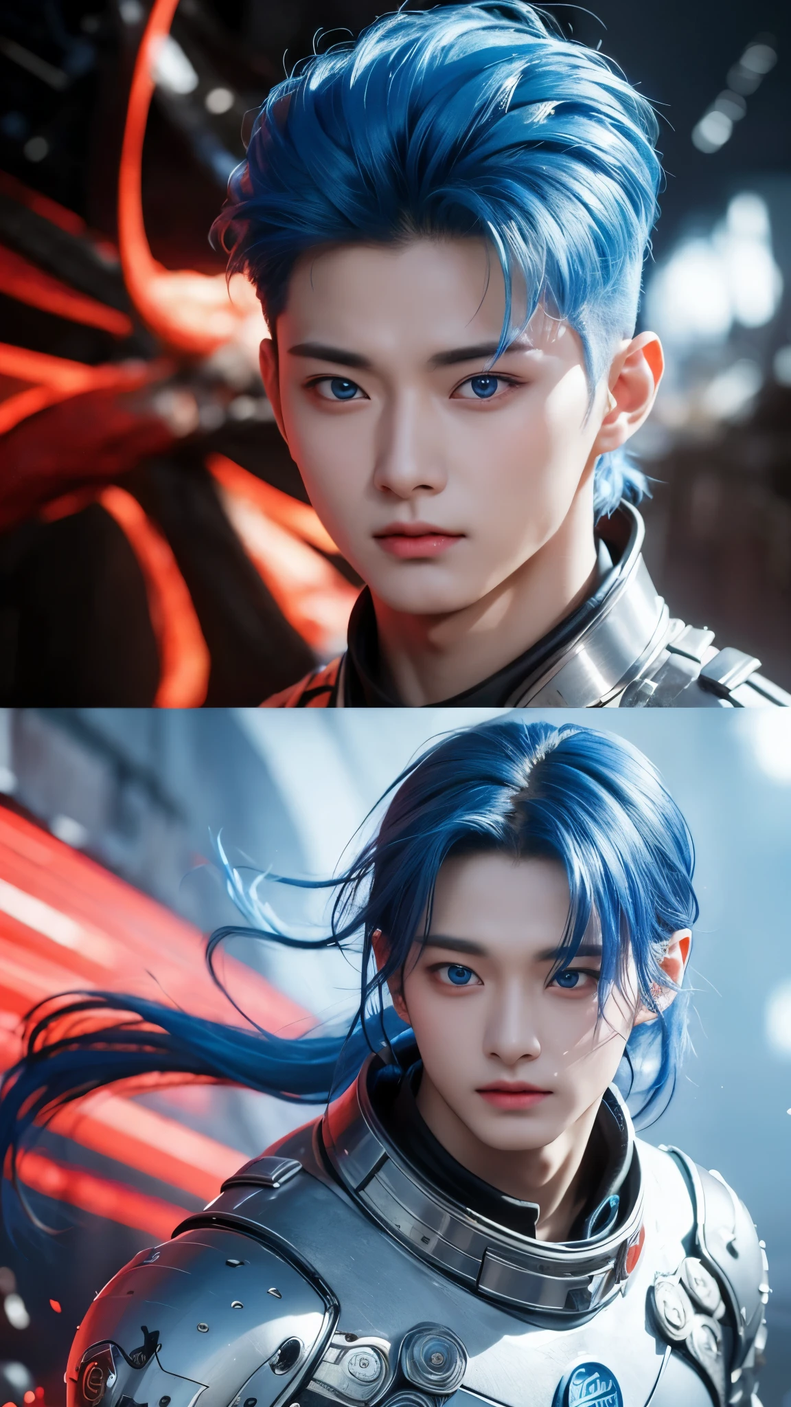 "Enjoy a visual feast as you witness the astonishing transformation of the handsome 20-year-old Saitama, a being of unparalleled strength and captivating aura. With vibrant blue hair and piercing red eyes , this energetic person will surprise you."