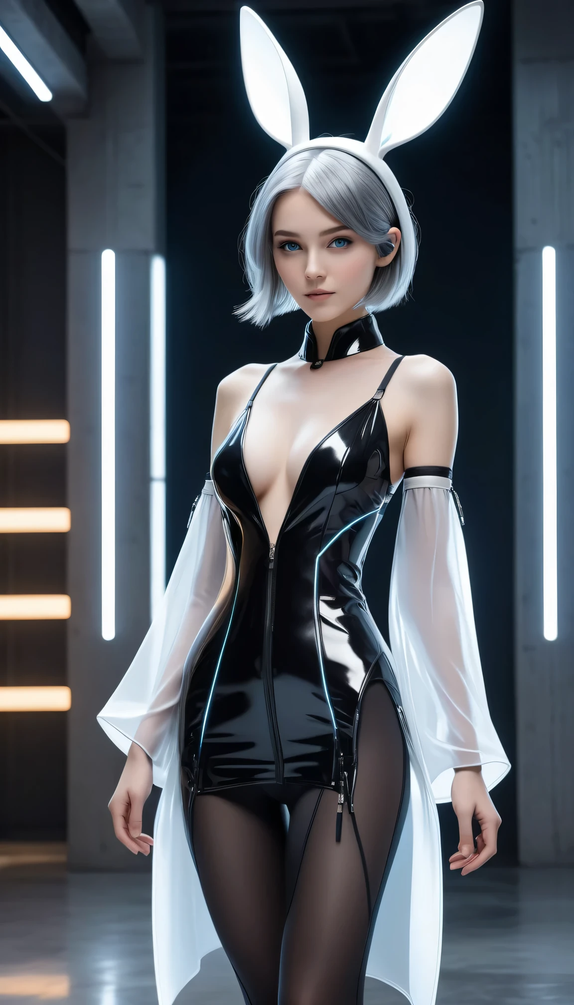 Best quality，Super Fine，Ultra-realistic，Futuristic costume design，Design implies flexibility，Monochromatic color scheme emanates tranquility，Surface reflects light softly，Minimalism，Simple and powerful feminine beauty，modernism，Feminine Elements in Visual Art，Fusion of advanced technology and nature，Photorealistic rendering，1 girl，full-body shot，White Network Rabbit Ears Girl，Cyberpunk Kimono，translucent，Smooth fabric，Low-rise black leggings，Transparent Kimono Top，Monochromatic color palette，Fashion lines，Futuristic decoration，high-tech accessories，Minimalism Design，Fusion，Bold and simple，Serene expression，Cybernetic enhancement，Striking elegance，Short gray hair，Make her blue eyes shine brighter，Well-defined facial lines，Highlighting her radiant fair skin，（In concrete buildings，Realistic black shadows），Incredibly slim waist，Upward and center-pointing erect nipples，Large round breasts，Exudes sculptural beauty，Looking at the audience，