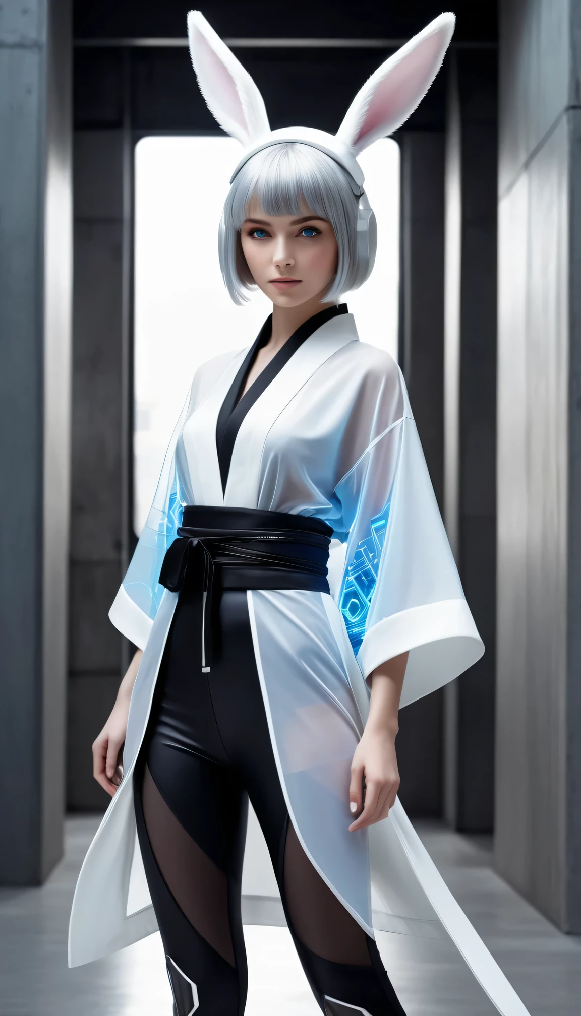 Best quality，Super Fine，Ultra-realistic，Futuristic costume design，Design implies flexibility，Monochromatic color scheme emanates tranquility，Surface reflects light softly，Minimalism，Simple and powerful feminine beauty，modernism，Feminine Elements in Visual Art，Fusion of advanced technology and nature，Photorealistic rendering，1 girl，full-body shot，White Network Rabbit Ears Girl，Cyberpunk Kimono，translucent，Smooth fabric，Low-rise black leggings，Transparent Kimono Top，Monochromatic color palette，Fashion lines，Futuristic decoration，high-tech accessories，Minimalism Design，Fusion，Bold and simple，Serene expression，Cybernetic enhancement，Striking elegance，Short gray hair，Make her blue eyes shine brighter，Well-defined facial lines，Highlighting her radiant fair skin，（In concrete buildings，Realistic black shadows），Incredibly slim waist，Upward and center-pointing erect nipples，Large round breasts，Exudes sculptural beauty，Looking at the audience，